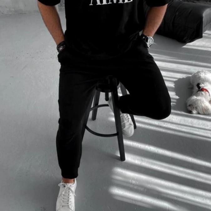 ERKEK Tişört Yakalı Yarım Fermuarlı  Kısa Kol Baskılı T-Shirt - Siyah